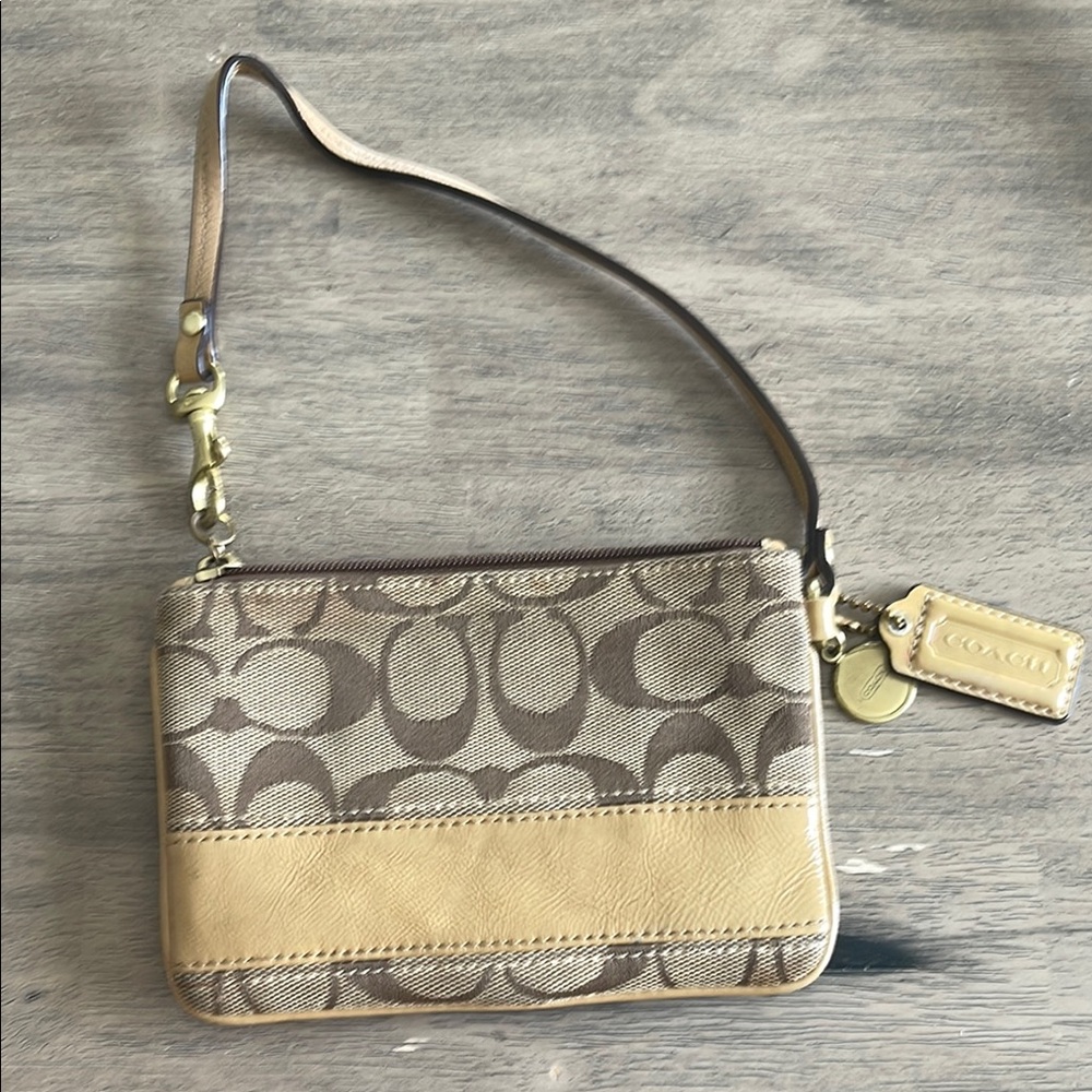 Coach Tan and Brown Signature Clutch with Gold Accents